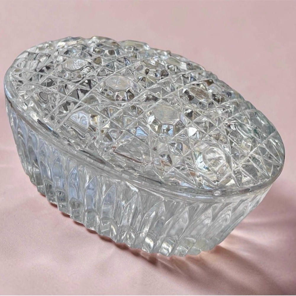 Vintage Cut Glass Oval Trinket Box with Lid, Vanity Jewelry Dish